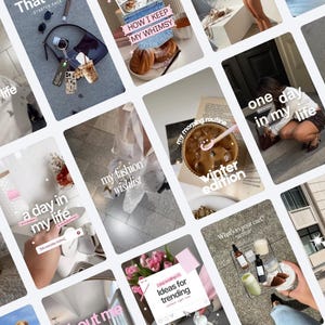 May include: A grid of social media story frames featuring lifestyle content, including iced coffee, fashion items, floral arrangements, and text overlays such as 'day in my life', 'my fashion wishlist', 'winter edition', and 'ideas for trending'.