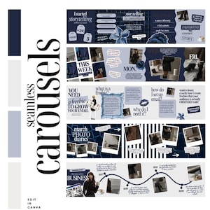 May include: A digital template set titled The Purple Collection featuring nine seamless carousels for social media. The design includes dark blue and white color schemes, various photo frames, text boxes, and graphic elements for editing in Canva.