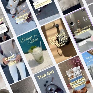May include: A collection of digital social media story templates featuring various lifestyle themes, including text overlays like 'a bit about me', 'weekend activities', 'current mood', 'this week was truly wild', 'what's on my desk', and 'that girl'.