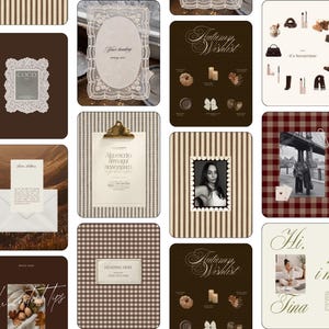 May include: A collection of digital social media templates featuring brown, beige, and white color palettes with patterns including gingham, stripes, and lace borders. The designs incorporate text, photo frames, and seasonal autumn motifs like leaves and candles.