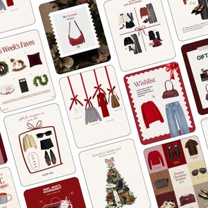 May include: A collection of holiday gift guide templates featuring various fashion items, accessories, and seasonal decorations arranged in grids and lists with red and white color schemes, including text labels like Gift Guide and Wishlist.
