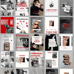 May include: A grid of twenty-five social media graphics featuring lash extension services, including text overlays like Client Feedback, About Me, Our Services, Ooh La Lashes, Win a Full Set, Bookings are now open, and Before and After comparisons.