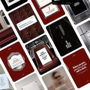 May include: A collection of digital marketing social media templates featuring a mix of deep red, black, and white color schemes. The designs include text overlays such as 'Our agency helps you stand out', '3 checks to make before you post anything', and 'Before you post, pause for a second and re-check' displayed in various serif and sans-serif fonts.