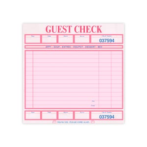 May include: A light pink guest check pad featuring bold pink text at the top reading GUEST CHECK. The form includes blue printed fields for date, table, guests, server, and check number 037594, with rows for orders and a bottom thank you message.