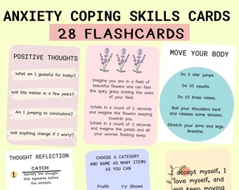 Anxiety cards, coping skills, therapy tools, strategy cards, DBT, therapist office, therapy office decor, art psychology, anxiety, CBT