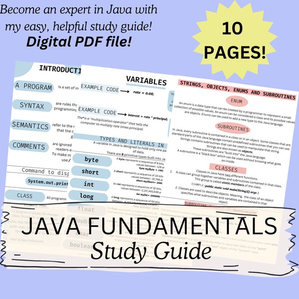 Java Basics, Java Study Guide, Coding course,STEM, GCSE, Computer Science, Java Download Notes, Digital, Printable, Programming