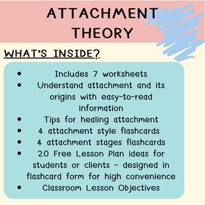 Op de afbeelding: Een blauwe en roze afbeelding met de tekst "ATTACHMENT THEORY" en "WHAT'S INSIDE?" De afbeelding somt de inhoud van een bron over hechtingstheorie op, waaronder 7 werkbladen, flashcards en idee&euml;n voor lesplannen.