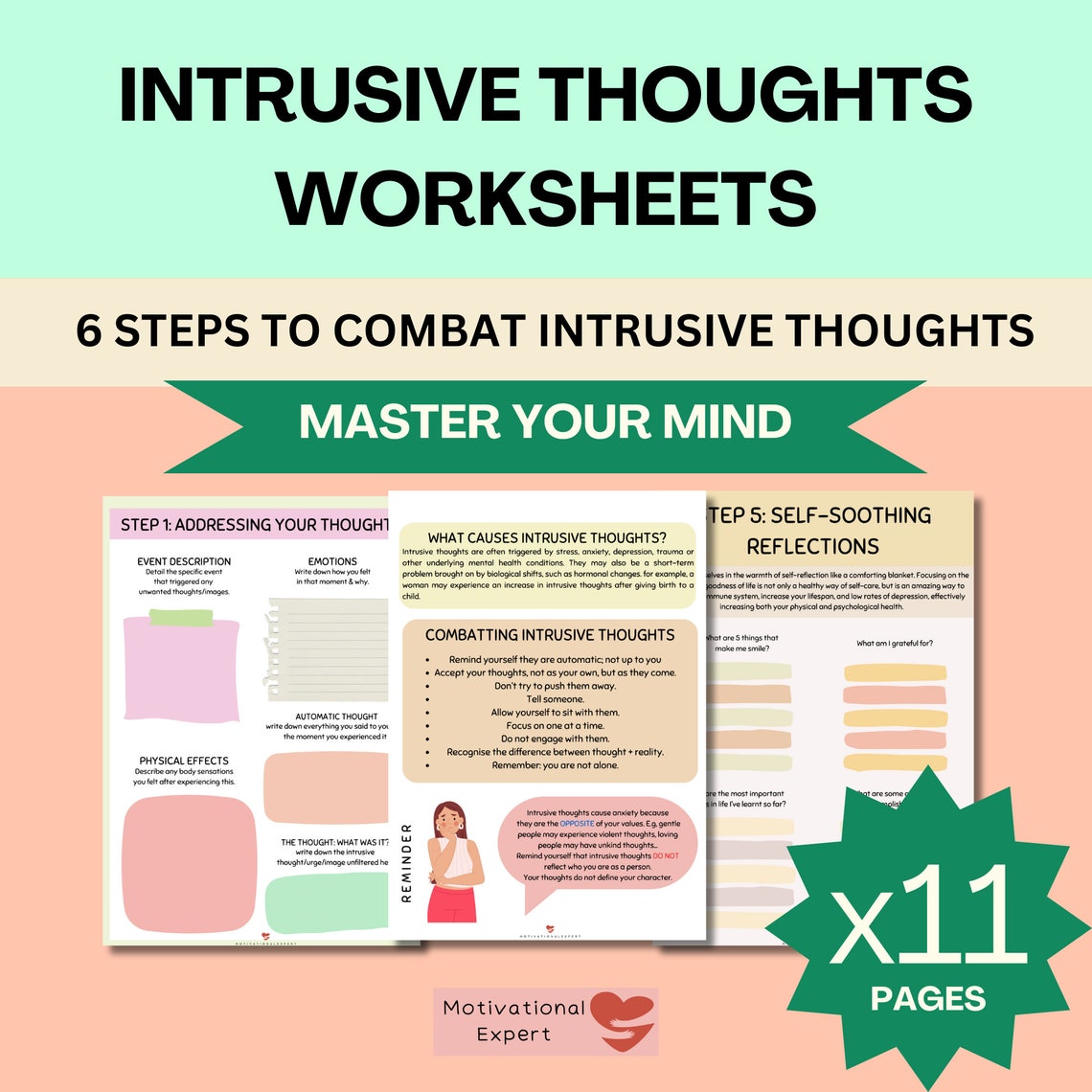 Intrusive Thoughts Worksheets, Positive Psychology, Affirmations, CBT, Coping Skills, Mental