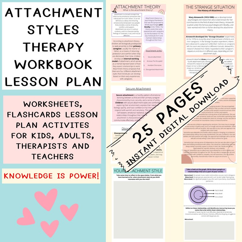 Op de afbeelding: Een roze en wit printbaar werkboek met de titel "Attachment Styles Therapy Workbook Lesson Plan". Het werkboek bevat werkbladen, flashcards, lesplannen en activiteiten voor kinderen, volwassenen, therapeuten en docenten. De tekst "Knowledge is Power!" is in roze en wit op een roze achtergrond geschreven. Drie roze harten bevinden zich in de linkerbenedenhoek van de afbeelding.