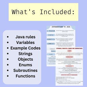 May include: A colourful chart titled "What's Included" lists the basic components of the Java programming language, including Java rules, variables, example codes, strings, objects, enums, subroutines, and functions.