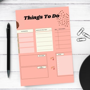 May include: A pink printable to-do list with brown polka dots, sections for top priorities, how you feel today, time, tasks and events, do it soon, for tomorrow, and notes.