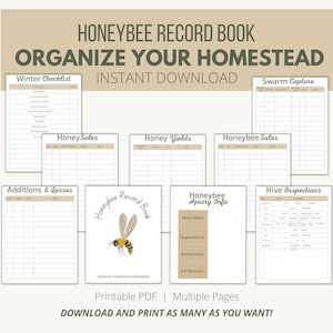 Honingbijrecordboek, bijenteeltlogboek afdrukbare download, bijenkorfinspectiechecklist, imkerdagboek, bijenstalregistratieblad,