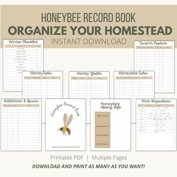 Honeybee Record Book, Beekeeping Log Printable Download, Beehive Inspection Checklist, Beekeeper's Journal, Apiary Record Sheet,