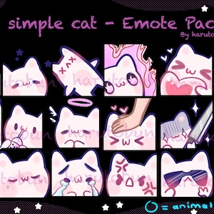 Può includere: Un set di 16 emoji di gatto animati con diverse espressioni, tra cui "Ciao", "sonnolento", "arrabbiato" e "occhi a cuore". Gli emoji sono rosa e bianchi con contorni neri. Il testo "The simple cat - Emote Pack" è in alto nell'immagine. Il testo "By harutobun" è sotto il titolo. Il testo "O = animated!" è in basso nell'immagine.