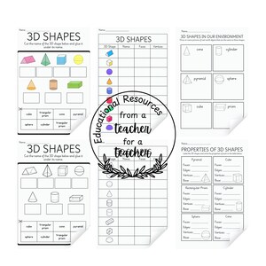 May include: Black and white printable worksheets for learning about 3D shapes. The worksheets include images of different 3D shapes, such as a cube, sphere, cone, pyramid, and cylinder. The worksheets also include activities for identifying the shapes, counting the faces, edges, and vertices, and labeling the properties of each shape.