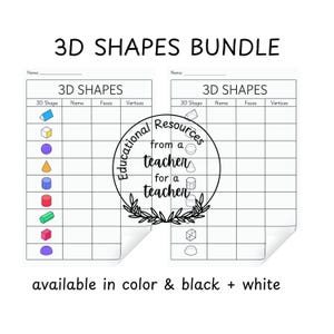 May include: Two black and white printable worksheets for learning about 3D shapes. Each worksheet has a table with columns for 3D shape, name, faces, and vertices. The first worksheet has illustrations of a cube, sphere, cone, cylinder, rectangular prism, pyramid, and a semi-circle. The second worksheet has illustrations of a cube, sphere, and a cone. The worksheets are labeled "3D Shapes" and have a space for a name at the top. The worksheets are surrounded by a wreath of leaves and a stamp that says "Educational Resources from a teacher for a teacher".