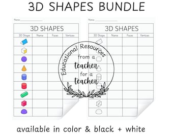 3D shapes worksheet, identify name, face, vertices of 3D figures worksheet, 3D geometric shapes activities, color, PDF Instant download