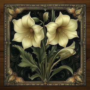 May include: A square floral print featuring two large, creamy yellow flowers with green leaves and stems. The flowers are set against a black background with ornate gold-colored framing and decorative elements. The artwork is reminiscent of vintage botanical illustrations.