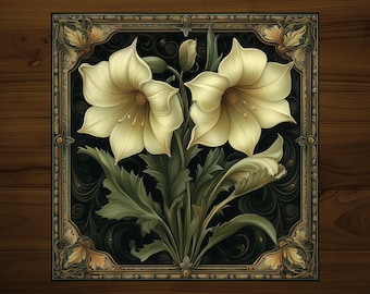 Art Nouveau Decorative Tile | Lily Flower Botanical | Drink Coaster | Glossy Ceramic | Hand Made FF002