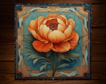 Orange Peony Art Nouveau Tile: Glossy Ceramic Botanical Decor Art Deco