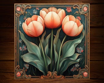 Art Nouveau Tulips Tile: Decorative Floral Glossy Ceramic Botanical Decor Art Deco