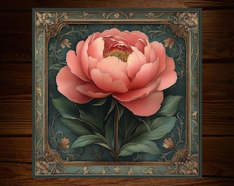 Pink Peony Art Nouveau Tile: Decorative Floral Glossy Ceramic Decor Art Deco | Drink Coaster