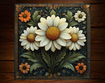 Art Nouveau Daisy Ceramic Tile: Floral Art Deco Wall Decor