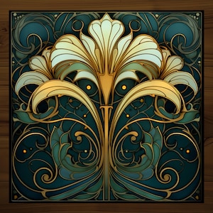 May include: A decorative tile with an intricate design of stylized flowers in gold and white on a dark blue background.