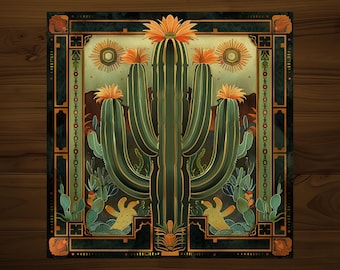 Cactus Art Nouveau Decorative Tile | Drink Coaster | Desert Home Decor | Glossy Ceramic | Hand Made