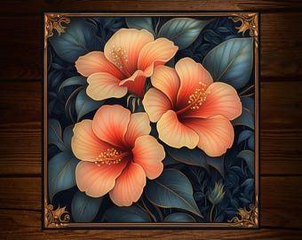 Handcrafted Hibiscus Ceramic Tile: Art Deco Floral Wall Decor