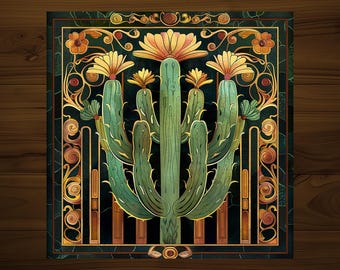 Cactus Art Nouveau Decorative Tile | Drink Coaster | Desert Home Decor | Glossy Ceramic | Hand Made