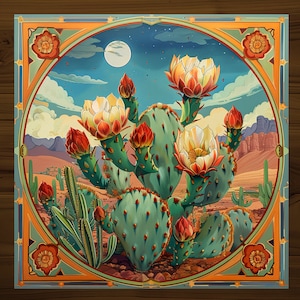 May include: A vintage-style illustration of a prickly pear cactus with blooming flowers in shades of yellow, pink, and red. The cactus is set against a blue sky with white clouds and a full moon. The background features a desert landscape with mountains and cacti.