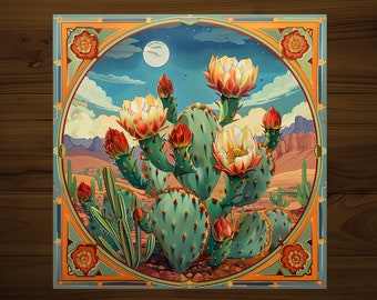Cactus Art Nouveau Decorative Tile | Drink Coaster | Desert Home Decor | Glossy Ceramic | Hand Made
