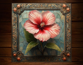 Handcrafted Hibiscus Ceramic Project Tile: Art Deco Floral Wall Decor