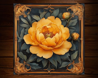 Art Nouveau Yellow Peony Tile: Glossy Ceramic Botanical Decor Art Deco