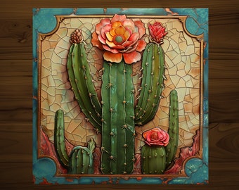 Cactus Art Nouveau Decorative Tile | Drink Coaster | Desert Home Decor | Glossy Ceramic | Hand Made