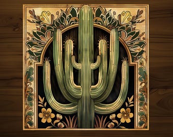 Cactus Art Nouveau Decorative Tile | Drink Coaster | Desert Home Decor | Glossy Ceramic | Hand Made