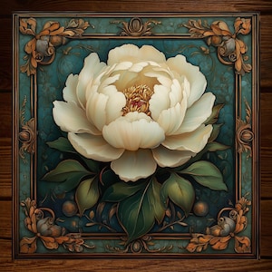 May include: A square floral artwork featuring a large, creamy white peony with a golden center, set against a teal background. The artwork is framed with ornate gold and bronze accents, and green leaves. The overall style is vintage and decorative.