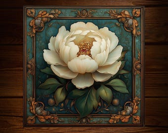 White Peony Art Nouveau Tile: Glossy Ceramic Botanical Decor Art Deco