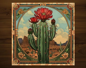 Cactus Art Nouveau Decorative Tile | Drink Coaster | Desert Home Decor | Glossy Ceramic | Hand Made