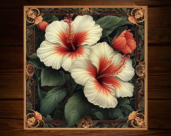 Exotic Hibiscus Project Tile: Glossy Ceramic Artwork Decorative Wall Decor Floral Motif | Coaster
