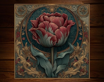 Stylized Art Nouveau Tulip Tile: Decorative Floral Glossy Ceramic Botanical Decor Art Deco