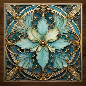 May include: A decorative tile with a blue and gold floral design. The tile features a stylized flower with intricate details and a gold center.