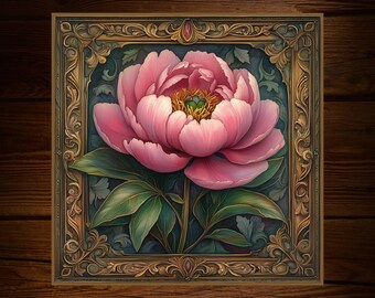 Pink Peony Art Nouveau Tile: Glossy Ceramic Botanical Decor Art Deco