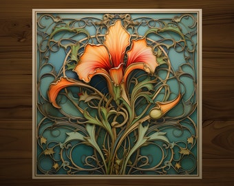 Bellflower Art Nouveau Decorative Tile | Drink Coaster | Desert Home Decor | Glossy Ceramic | Hand Made