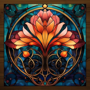 Art Nouveau Faux Stained Glass Project Tile: Geometric Glossy Ceramic Art Deco | Coaster