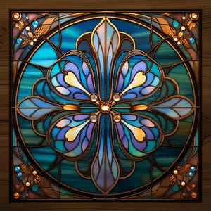 May include: A square stained glass panel featuring a symmetrical floral design in shades of blue, teal, and purple, with gold-colored accents. The design is framed by a dark brown border and set against a wooden background.