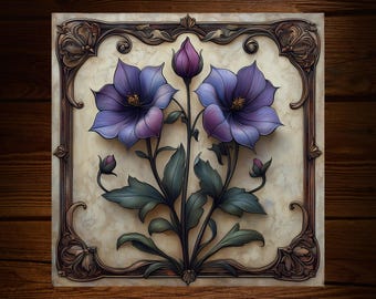 Art Nouveau Twin Flower Bellflower Tile: Handmade Glossy Ceramic Floral Decor | Coaster