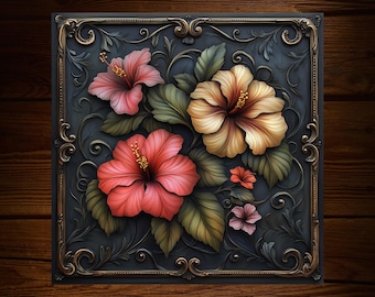 Hibiscus Art Nouveau Ceramic Tile: Art Deco Floral Wall Decor Coaster