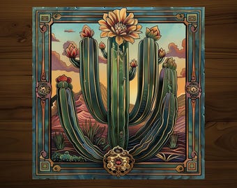 Cactus Art Nouveau Decorative Tile | Drink Coaster | Desert Home Decor | Glossy Ceramic | Hand Made
